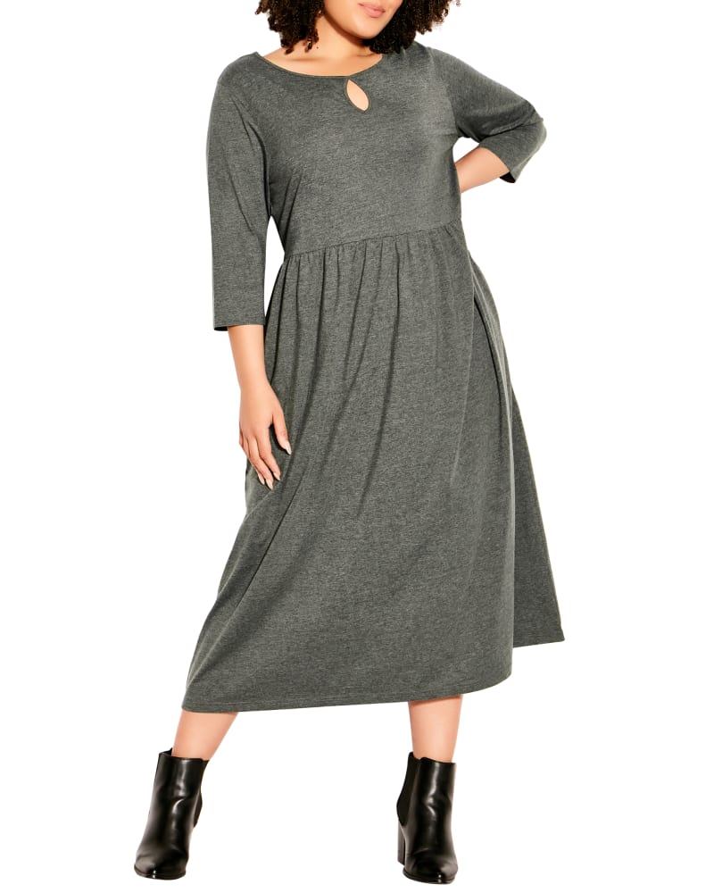 Front of a model wearing a size 14 Faith Tip Toe Knit Dress in Charcoal Grey by Loralette. | dia_product_style_image_id:234314